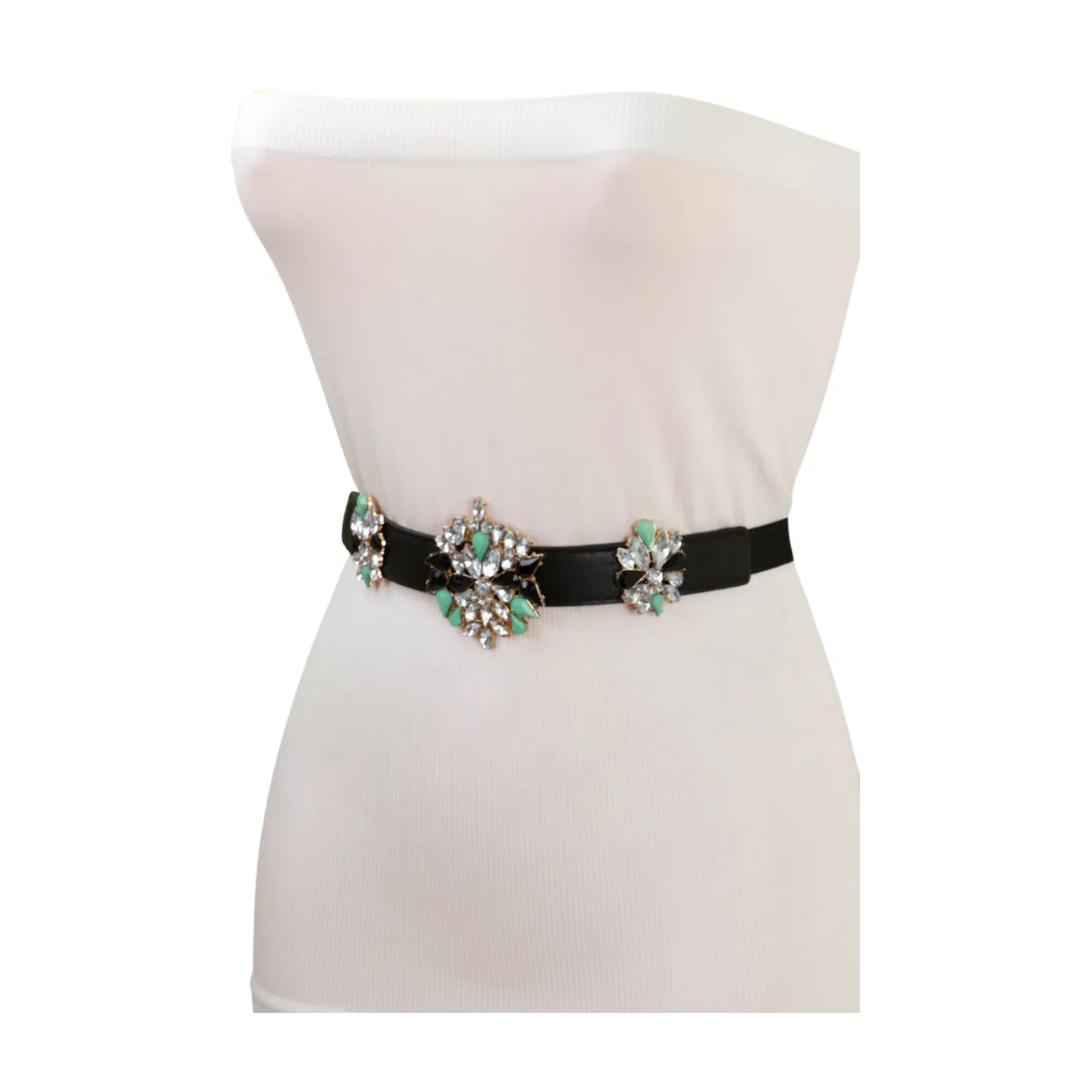 Black Skinny Elastic Belt Blue Flower Charm Fit S M
