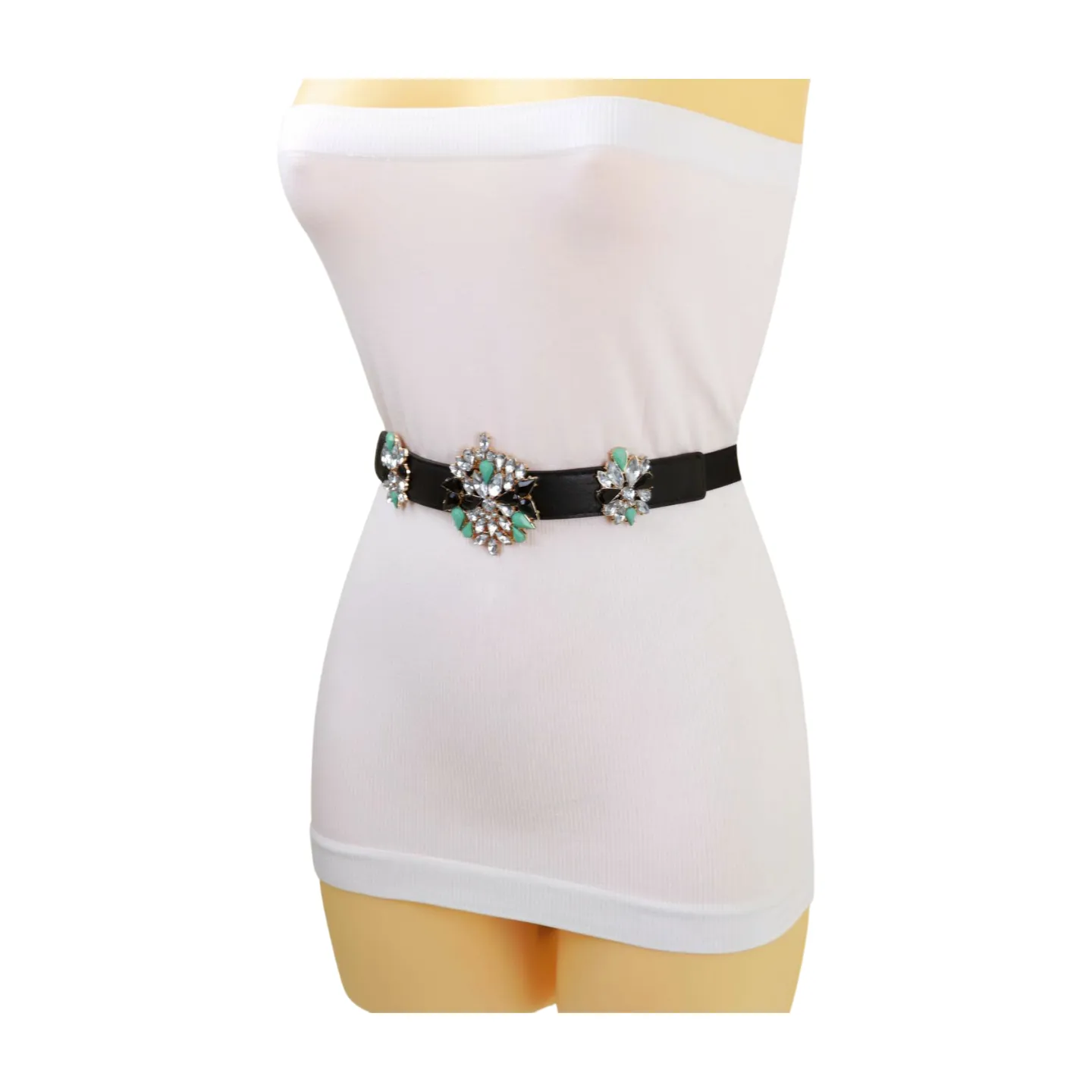 Black Skinny Elastic Belt Blue Flower Charm Fit S M