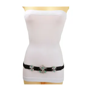 Black Skinny Elastic Belt Blue Flower Charm Fit S M