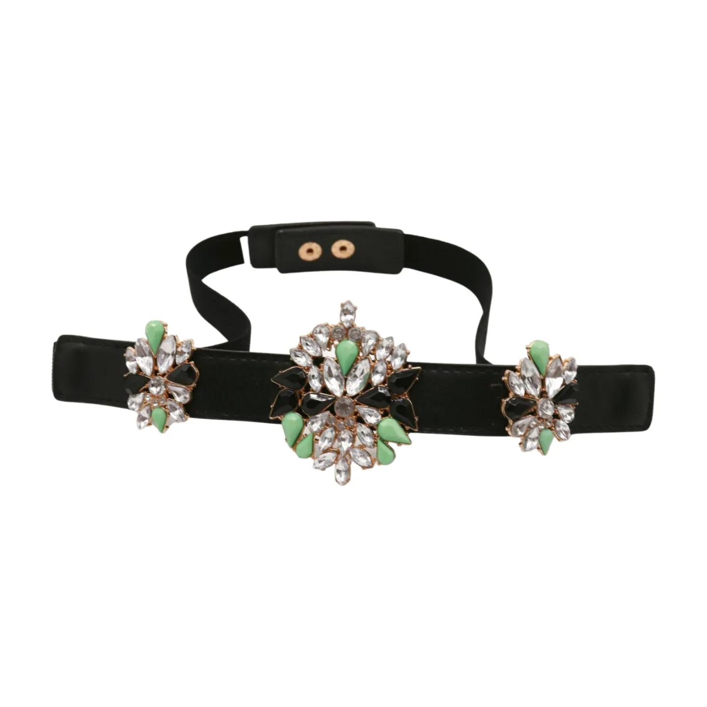 Black Skinny Elastic Belt Blue Flower Charm Fit S M