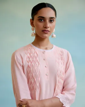 Blossom Pearl Kurta in Silky Modal with Beaded Smocking and Delicate Lace Detaling with Wide Leg Pants