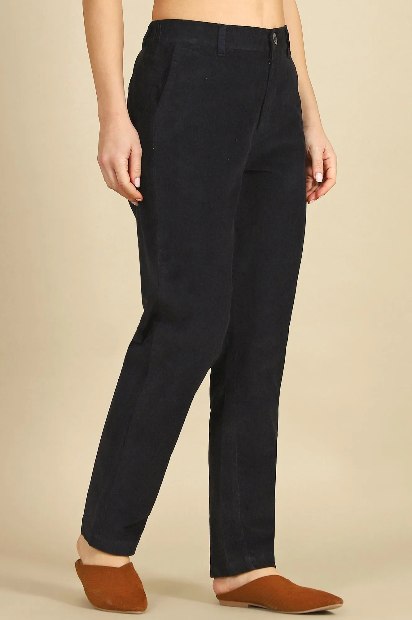 Blue Solid Cotton Blend Straight Pants