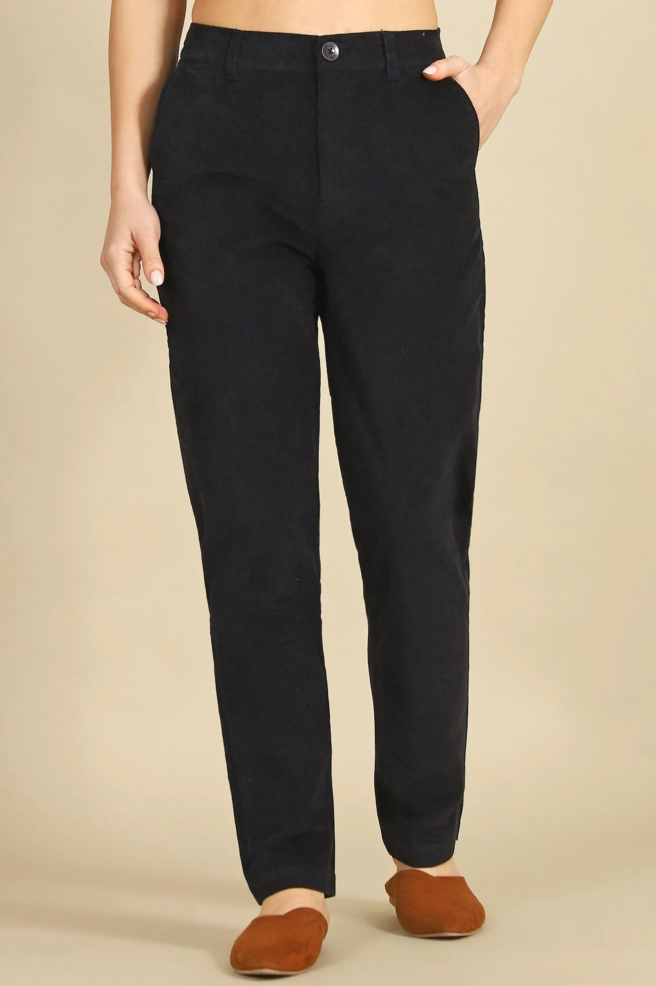 Blue Solid Cotton Blend Straight Pants