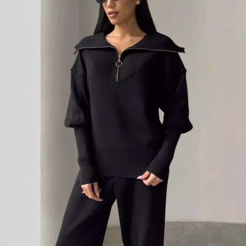 Boutique-Sports two-piece set-half zipper lapel top & jogging pants