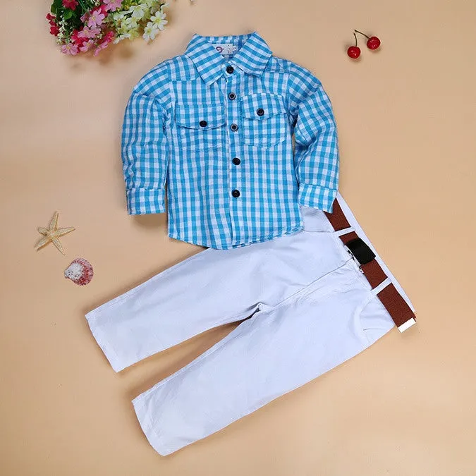 boys clothes set kids loose-fitting cotton plaid shirt  pants  belt 3 pcs minion kids clothing set