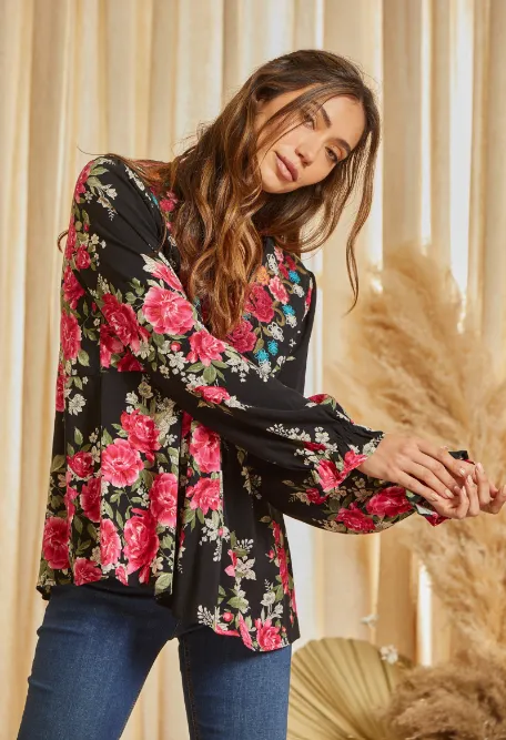 Brianna Floral Print Babydoll Top in Black and Pink