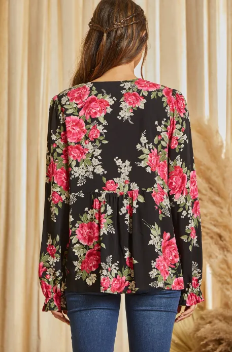 Brianna Floral Print Babydoll Top in Black and Pink