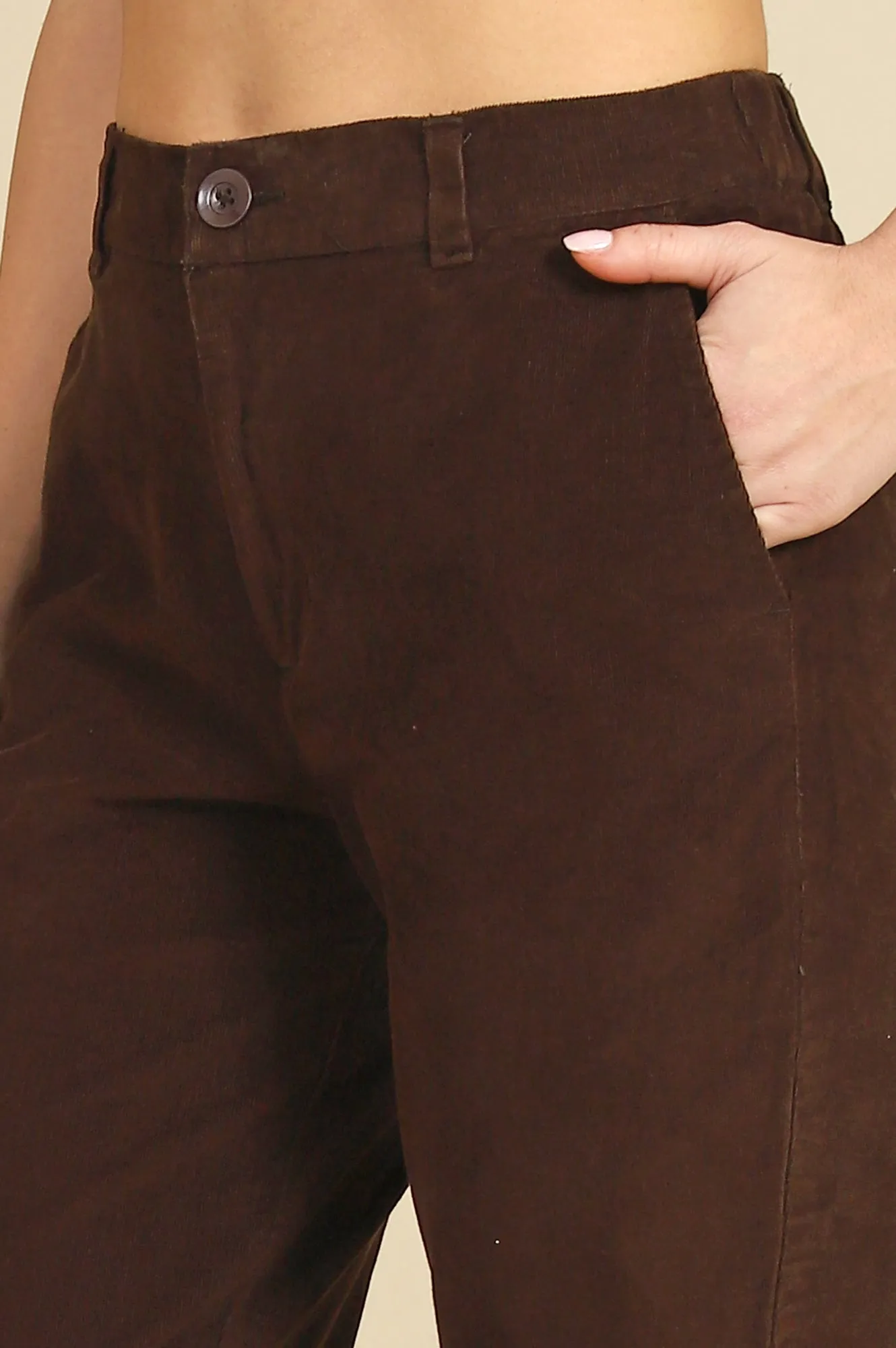 Brown Solid Cotton Blend Straight Pants