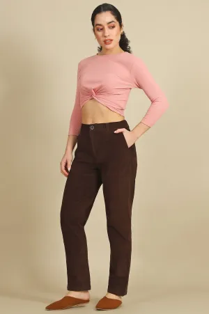 Brown Solid Cotton Blend Straight Pants
