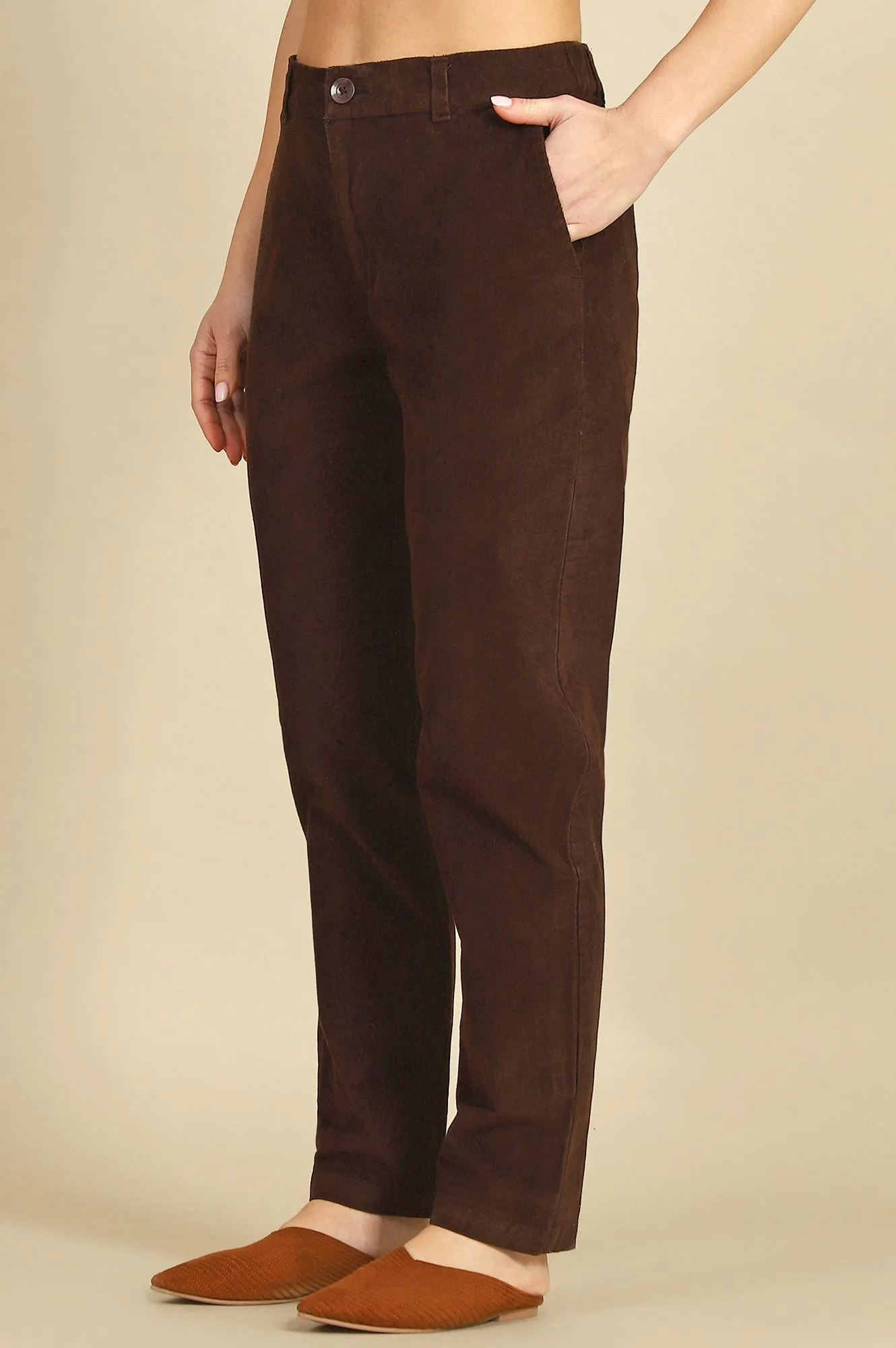 Brown Solid Cotton Blend Straight Pants