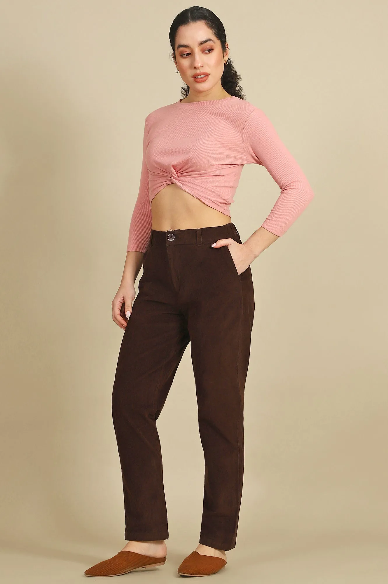Brown Solid Cotton Blend Straight Pants