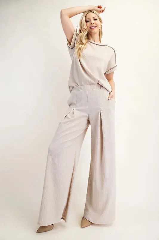 Celeste Textured Wide-Leg Pants with Pockets