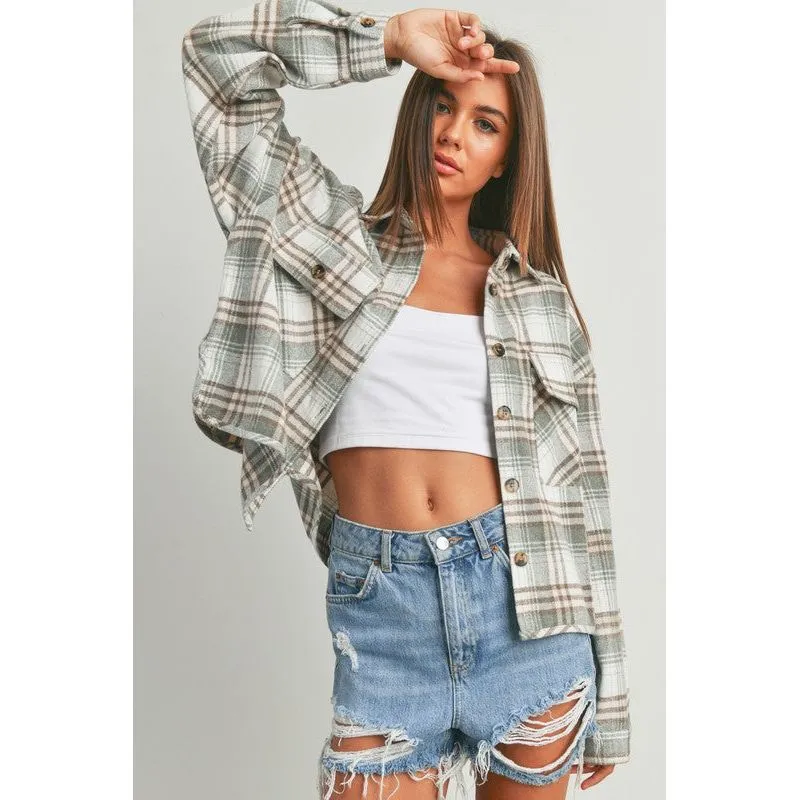 Chic & Style Plaid Crop Shacket - Sage