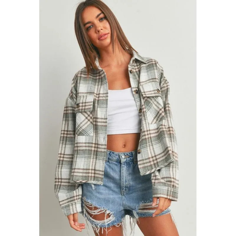 Chic & Style Plaid Crop Shacket - Sage