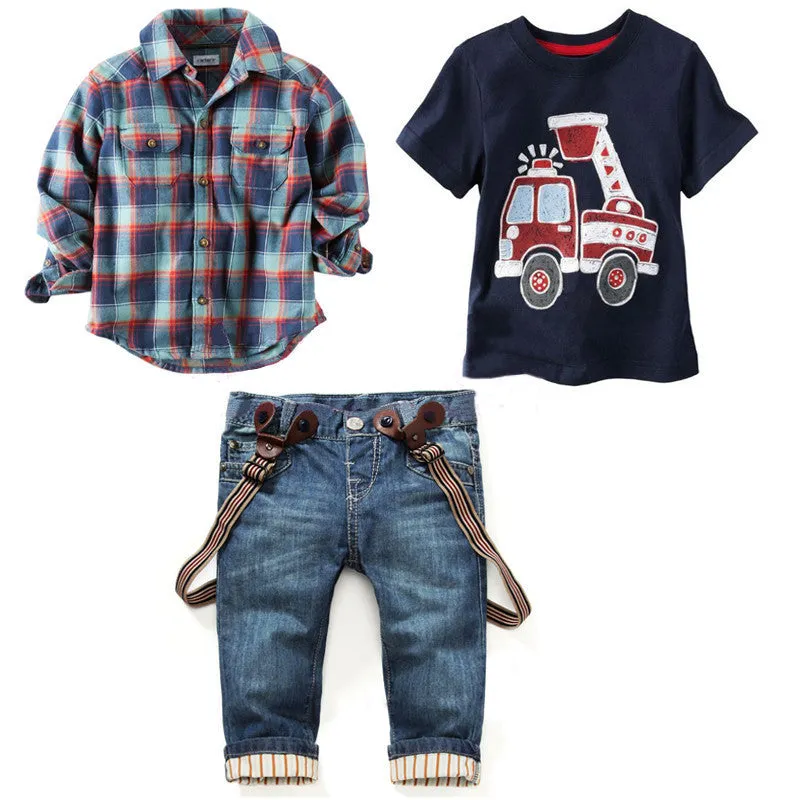 Children's clothing sets for Baby boy suit Long sleeve plaid shirts car printing t-shirt jeans 3pcs suit set F1802