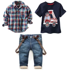 Children's clothing sets for Baby boy suit Long sleeve plaid shirts car printing t-shirt jeans 3pcs suit set F1802