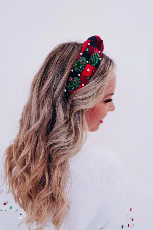 Christmas Tree Knotted Plaid Headband - Red