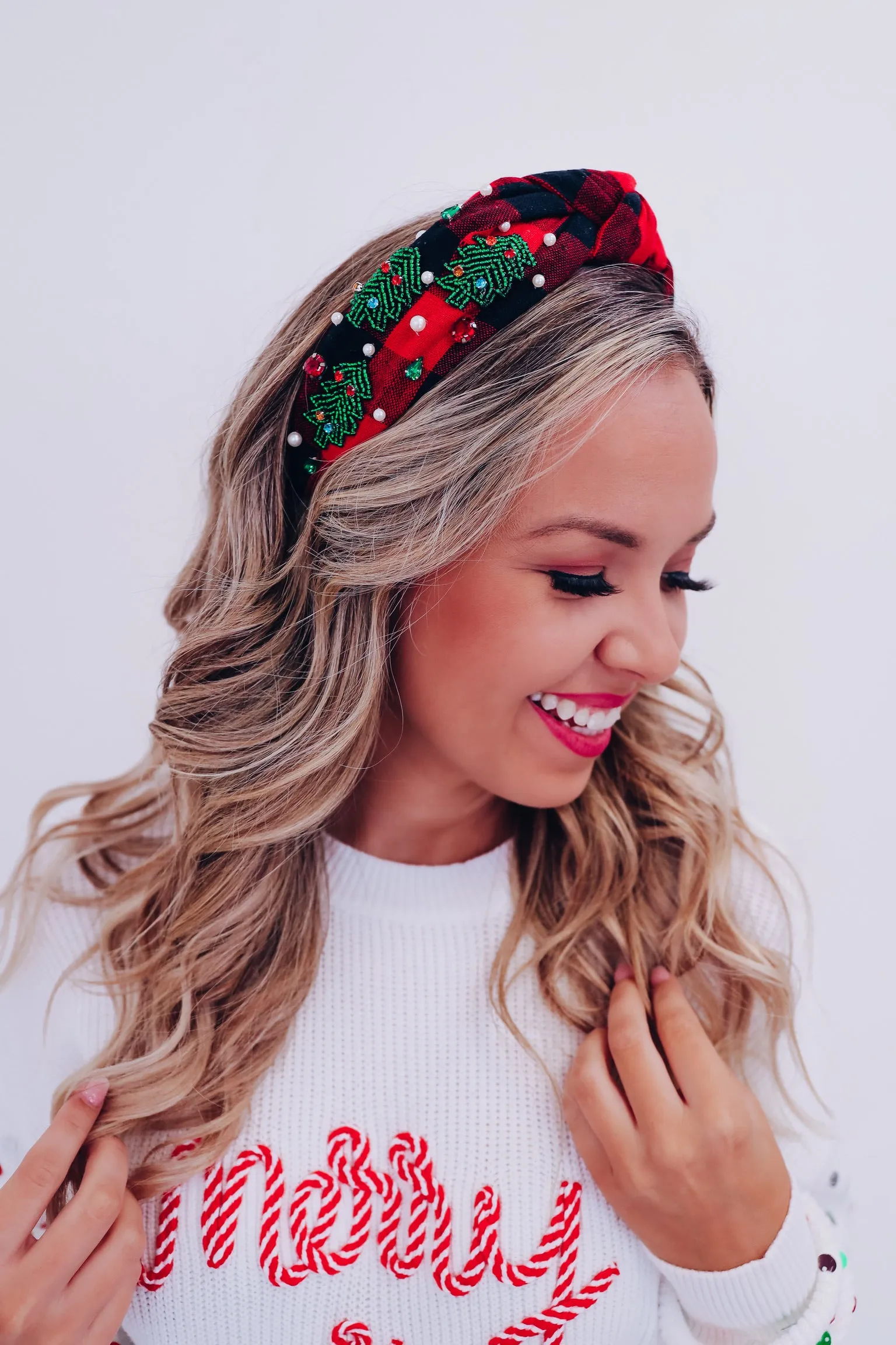 Christmas Tree Knotted Plaid Headband - Red