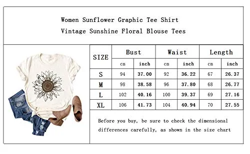 Chulianyouhuo Sunflower Graphic Shirt for Women Cute Flower Short Sleeve Casual Tee Tops Beige
