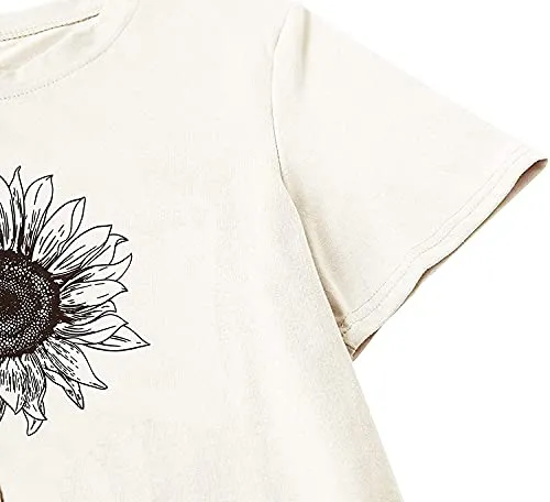 Chulianyouhuo Sunflower Graphic Shirt for Women Cute Flower Short Sleeve Casual Tee Tops Beige