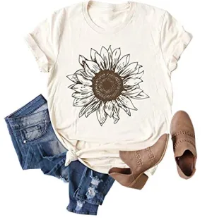 Chulianyouhuo Sunflower Graphic Shirt for Women Cute Flower Short Sleeve Casual Tee Tops Beige