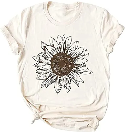 Chulianyouhuo Sunflower Graphic Shirt for Women Cute Flower Short Sleeve Casual Tee Tops Beige