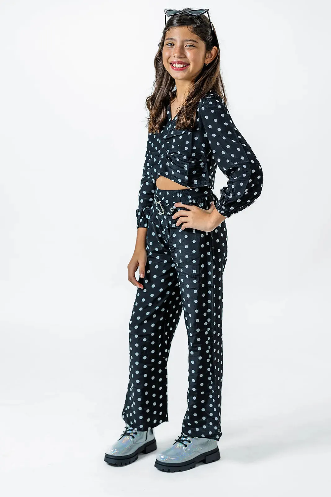 Classic Black & White Polka Dot Crop Top Set for Girls - Stylish Matching Pants (Ages 2-12)
