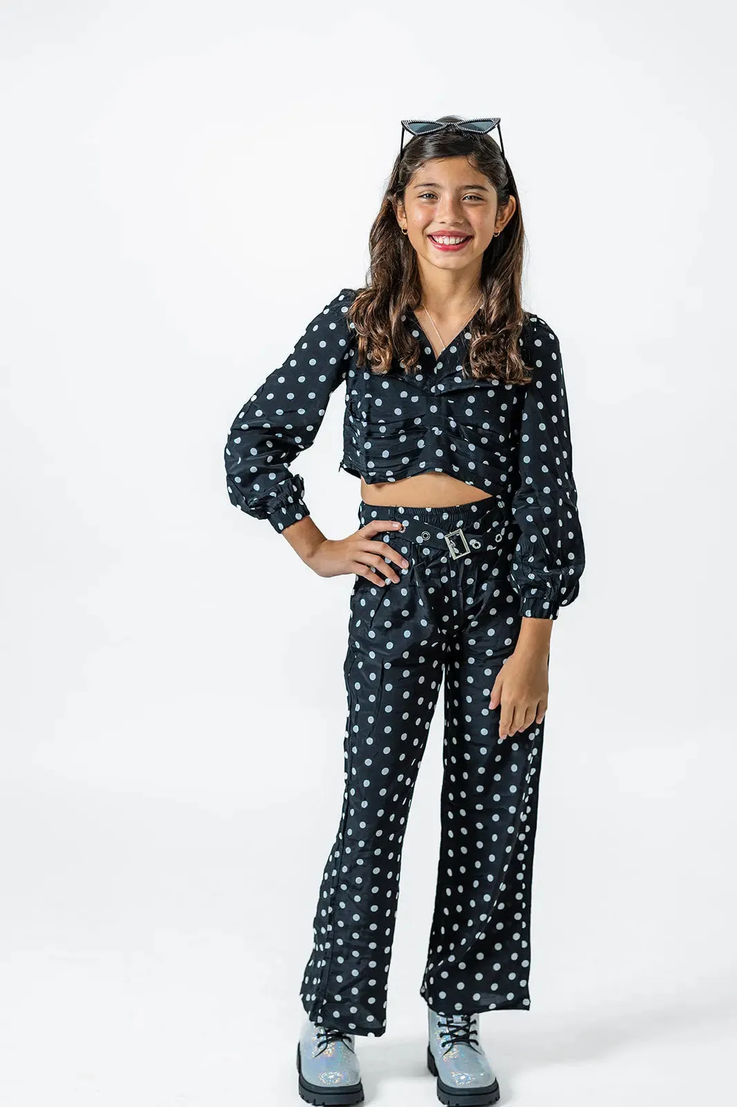Classic Black & White Polka Dot Crop Top Set for Girls - Stylish Matching Pants (Ages 2-12)