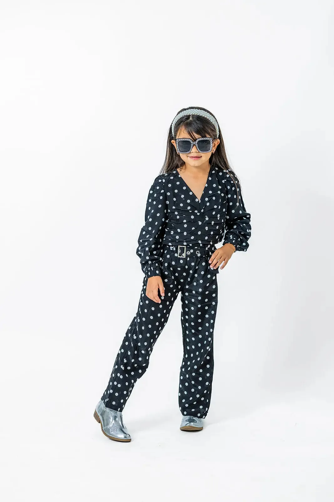 Classic Black & White Polka Dot Crop Top Set for Girls - Stylish Matching Pants (Ages 2-12)
