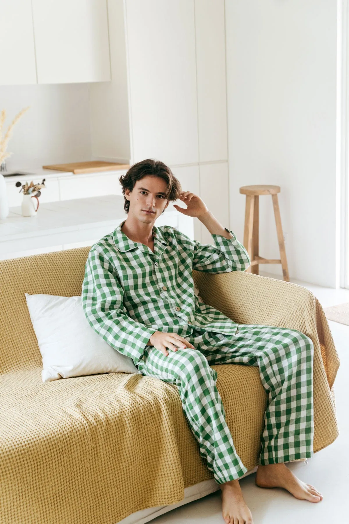 Classic linen pyjama set HARRY in Green Gingham