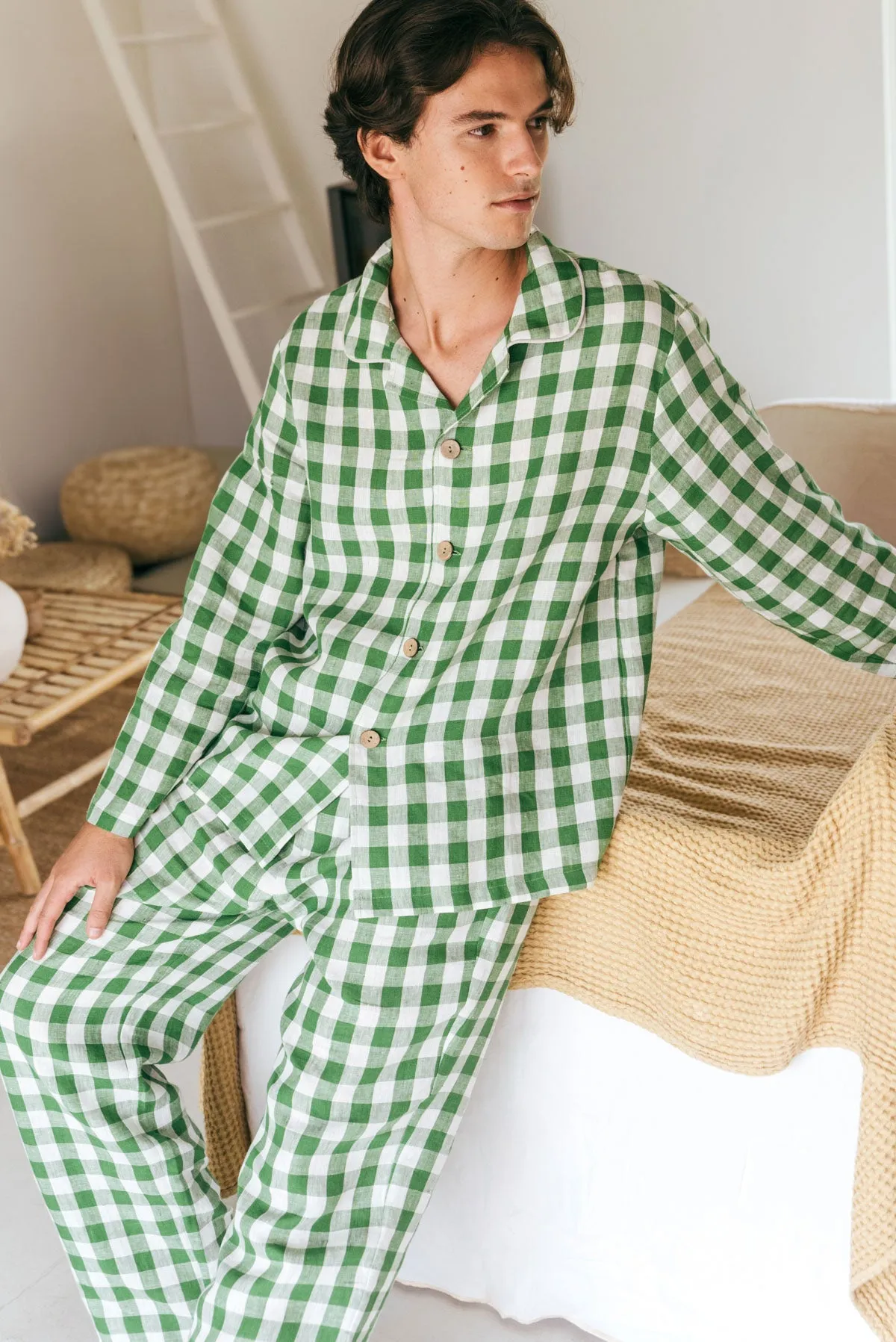 Classic linen pyjama set HARRY in Green Gingham