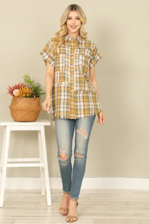 COLLARED CUFF SLEEVE FRONT POCKET PLAID TOP