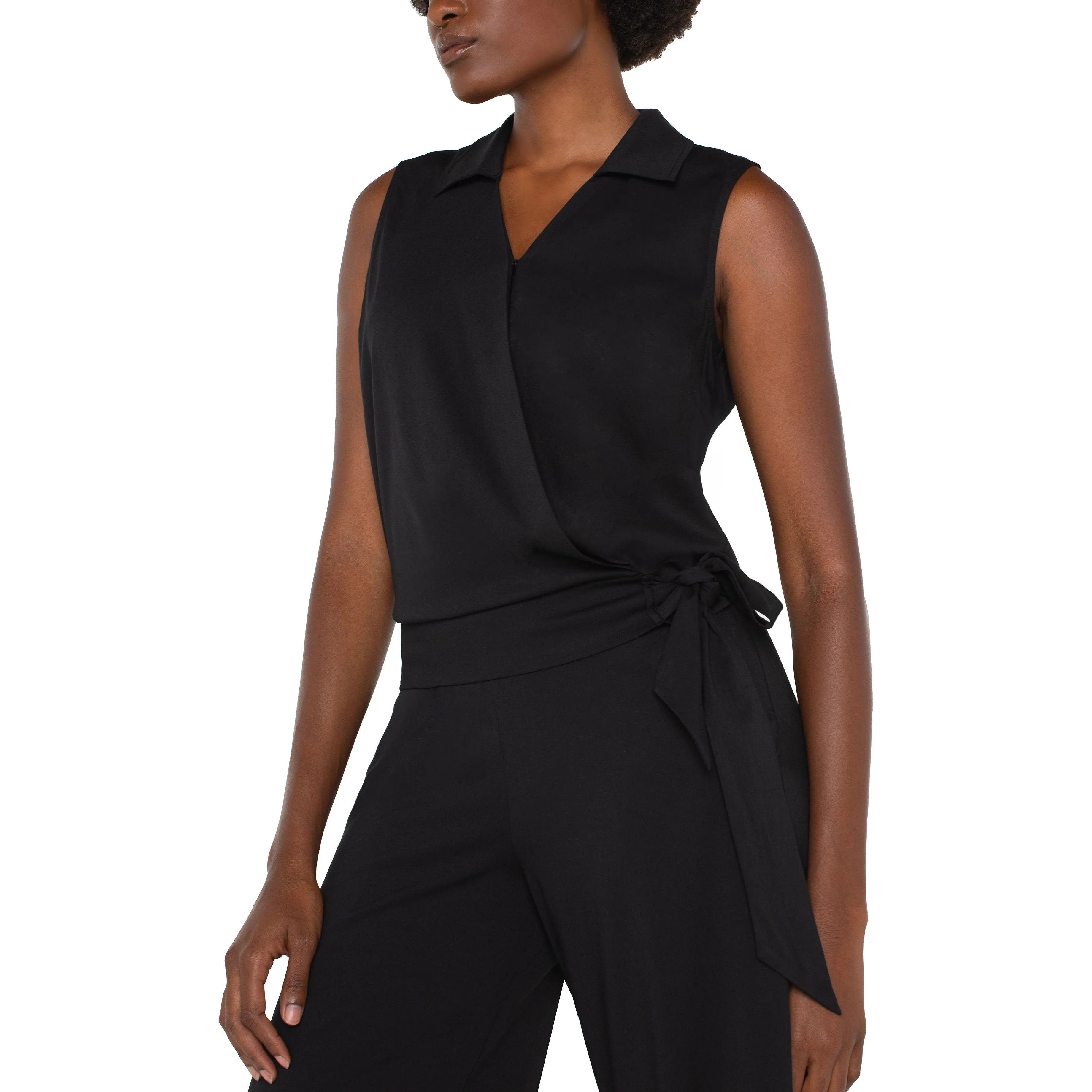 Collared Surplice Top with Tie Waist