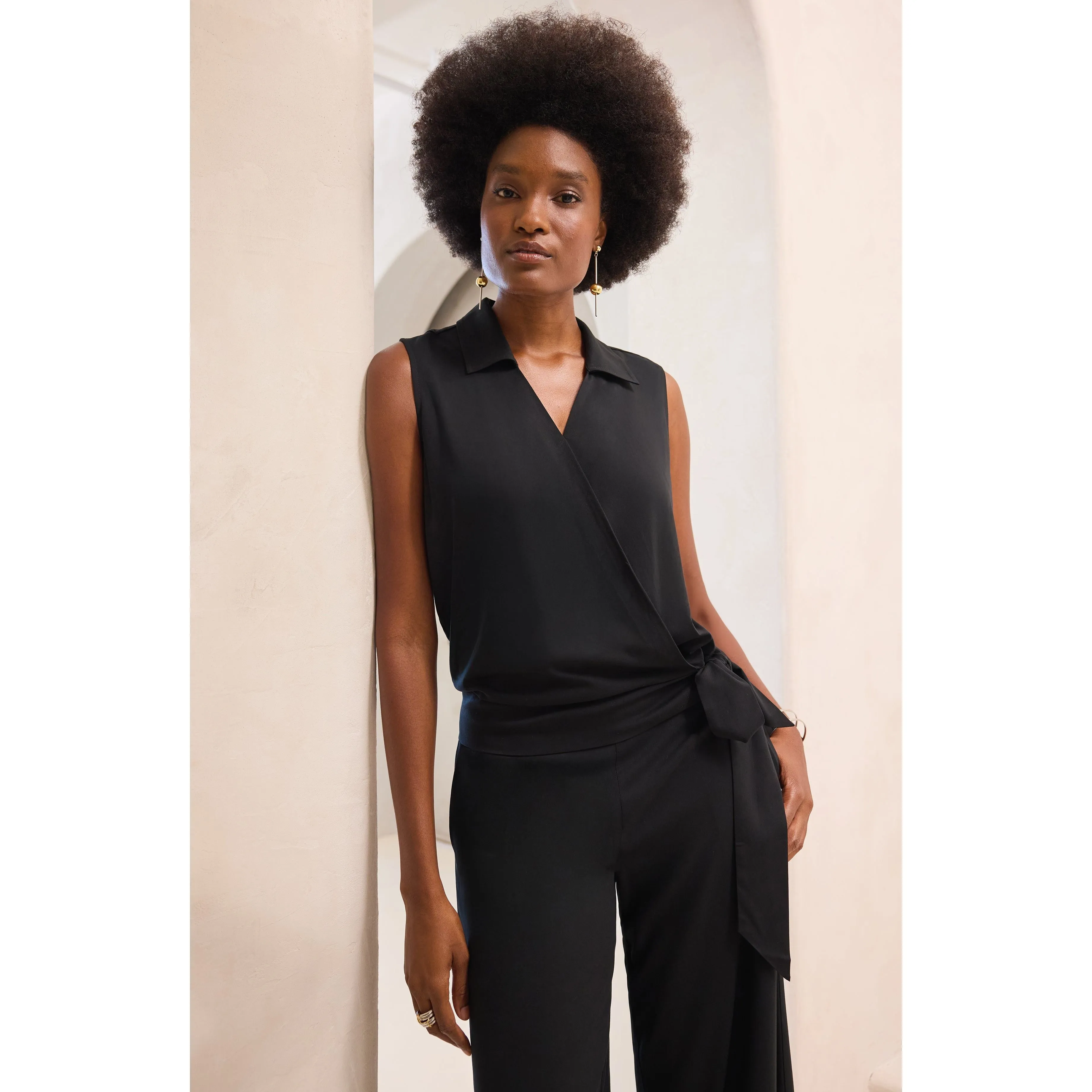 Collared Surplice Top with Tie Waist