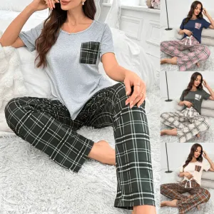 Color Blocking Plaid Trousers Pajamas