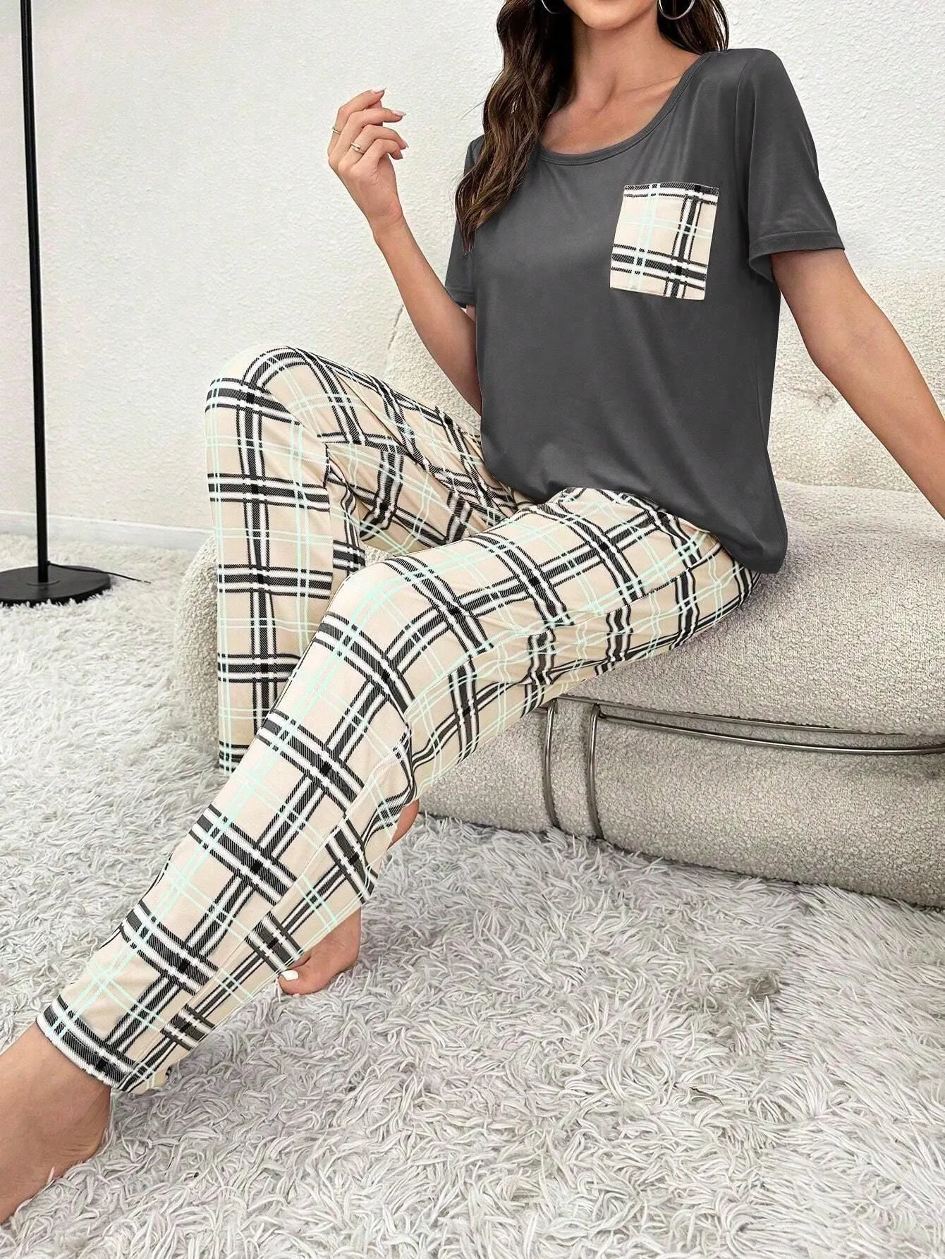 Color Blocking Plaid Trousers Pajamas