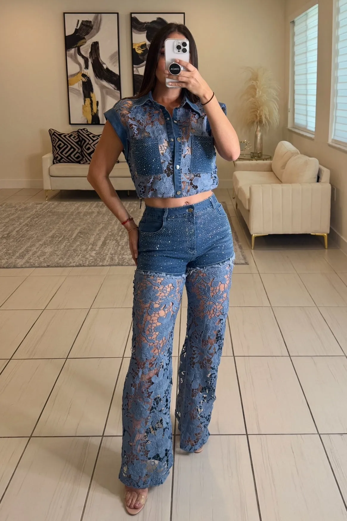 Contrast Embroidery Denim Pants Set