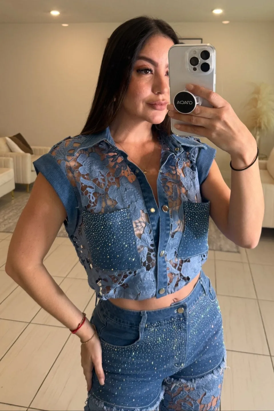 Contrast Embroidery Denim Pants Set