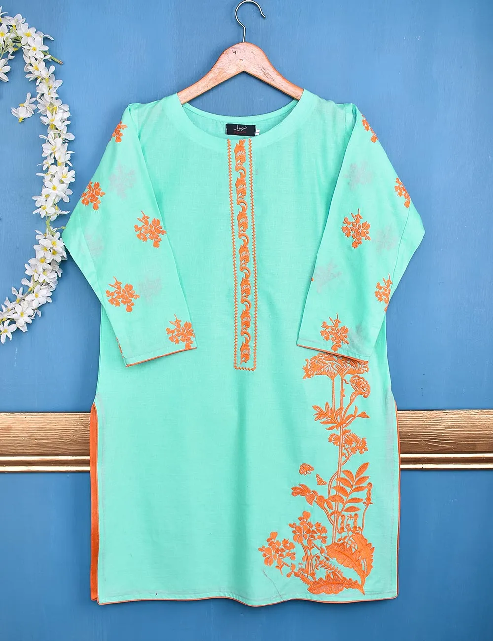 Cotton Embroidered Stitched Kurti - Eccentric Ripples (TS-045A-SeaGreen)