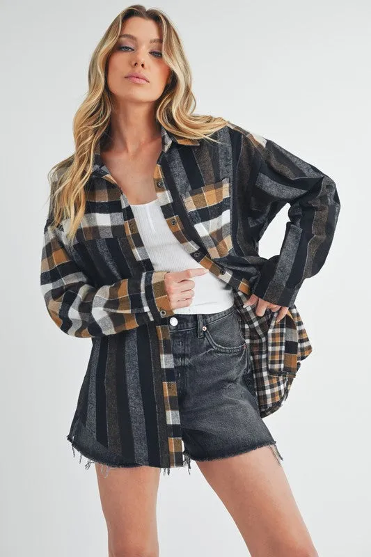 Curved Hem Plaid Button Up Shirt