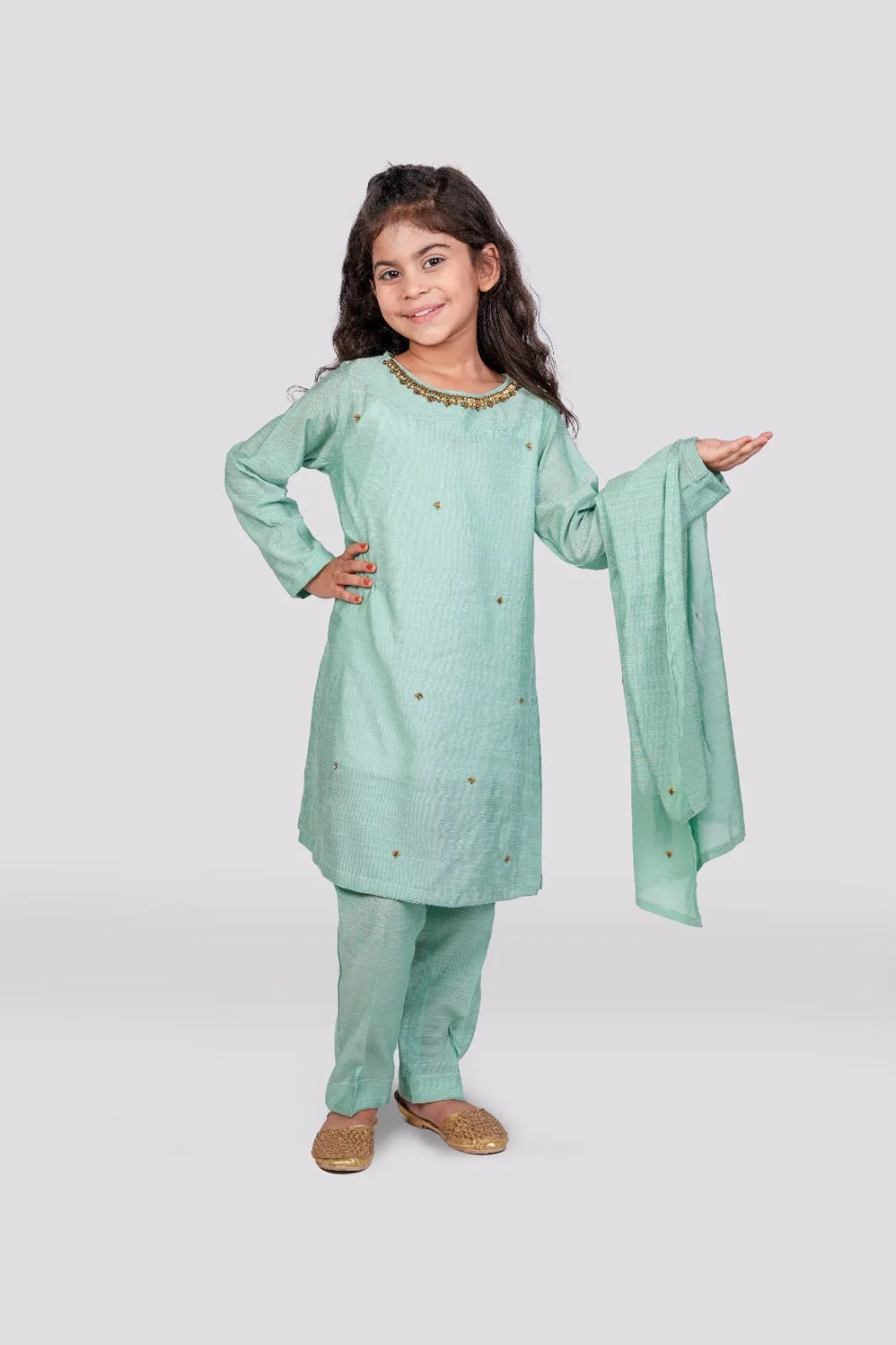 Dark Mint - Raw silk Chann Ensemble 3-piece stitched