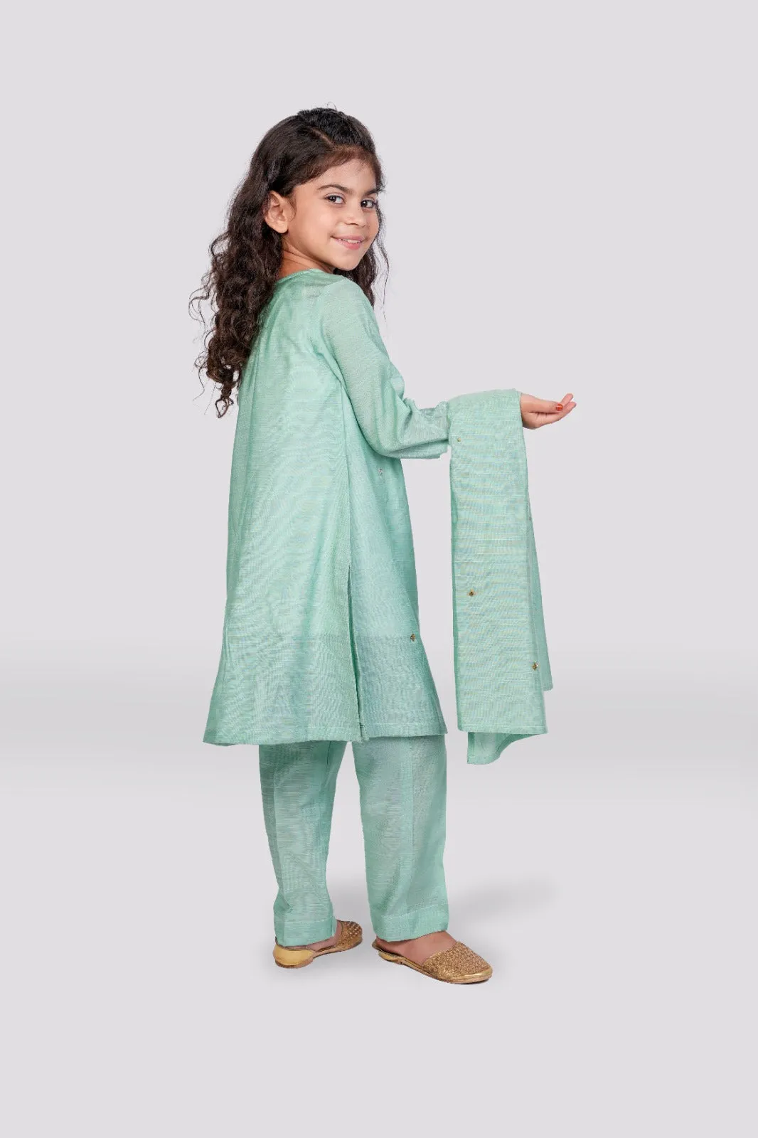 Dark Mint - Raw silk Chann Ensemble 3-piece stitched