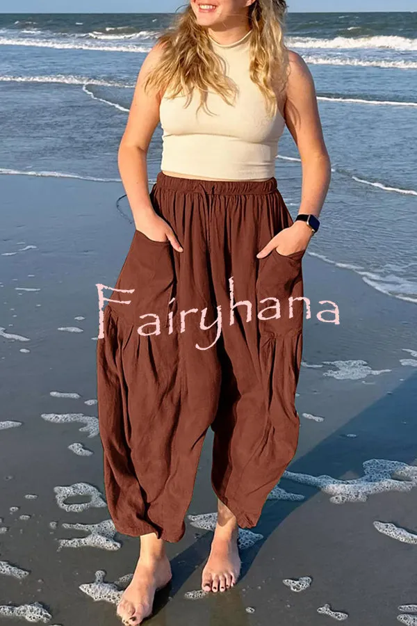 Diani Linen Blend Drawstring Waist Pocketed Loose Pants
