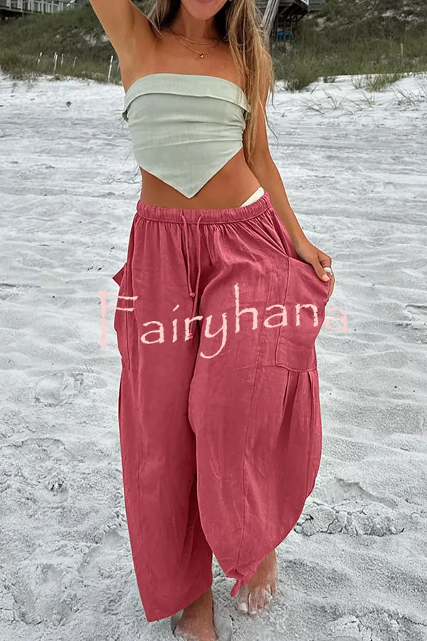 Diani Linen Blend Drawstring Waist Pocketed Loose Pants