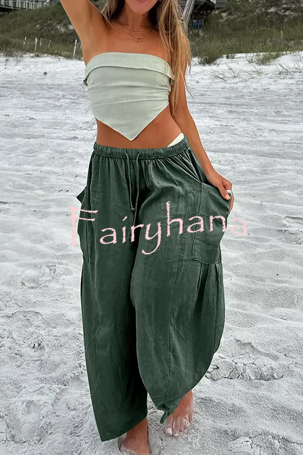 Diani Linen Blend Drawstring Waist Pocketed Loose Pants