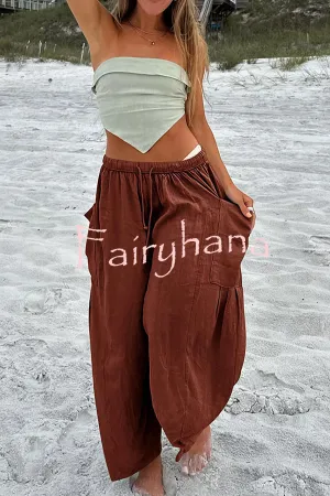 Diani Linen Blend Drawstring Waist Pocketed Loose Pants