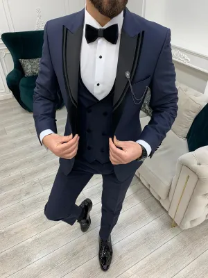 Eden Navy Blue Slim Fit Velvet Satin Peak Lapel Tuxedo