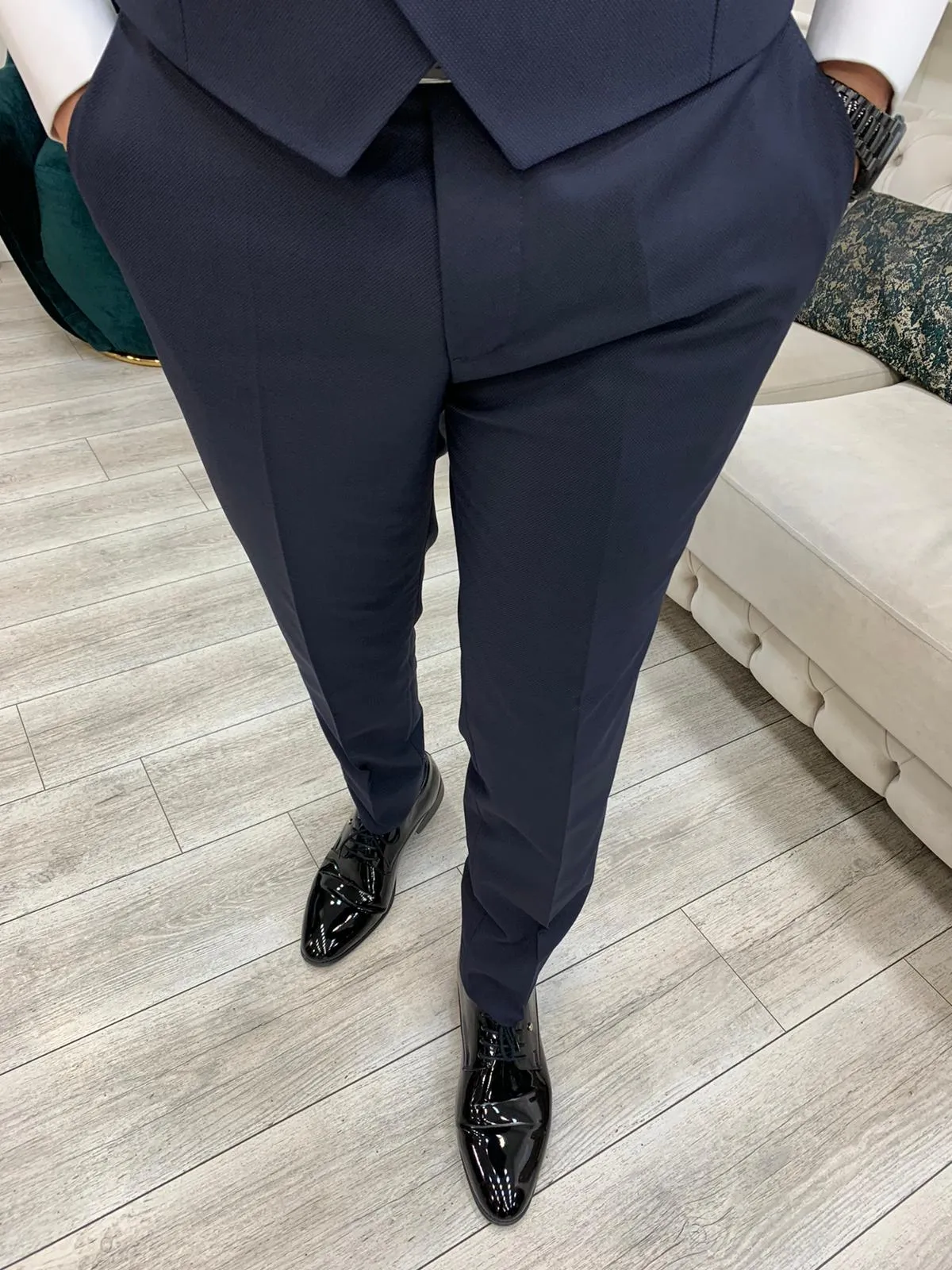 Eden Navy Blue Slim Fit Velvet Satin Peak Lapel Tuxedo
