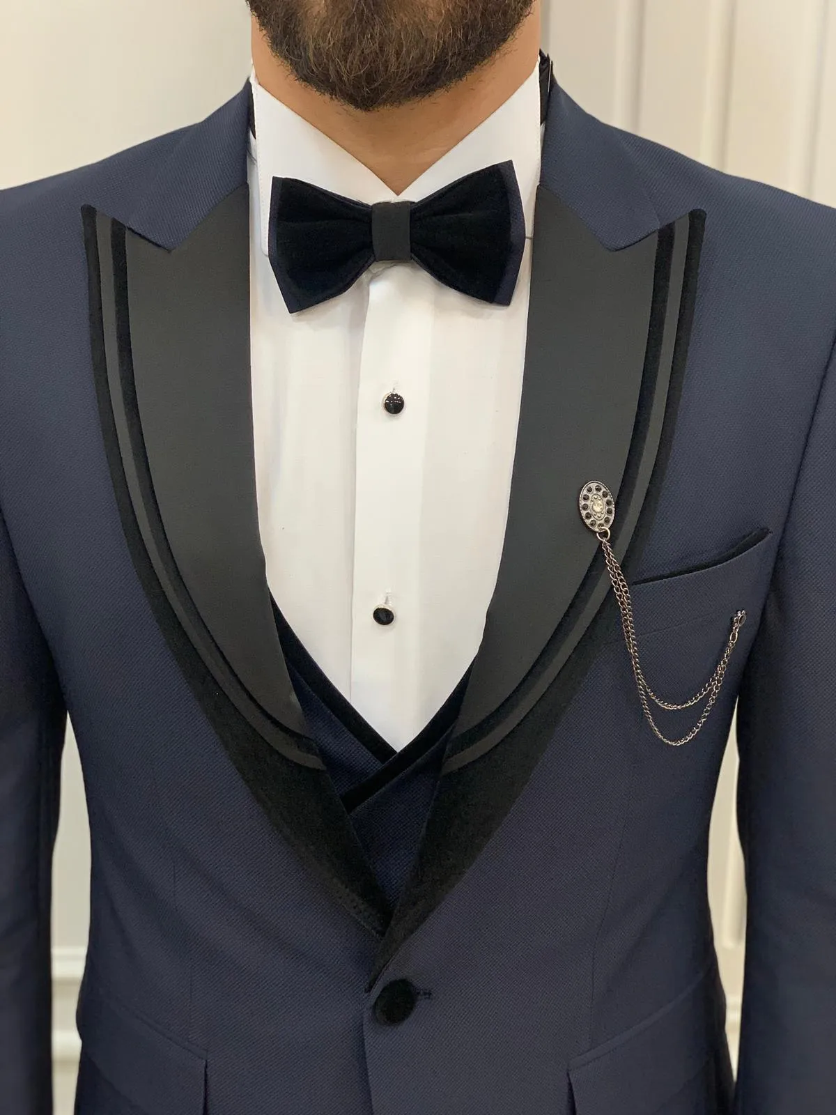 Eden Navy Blue Slim Fit Velvet Satin Peak Lapel Tuxedo