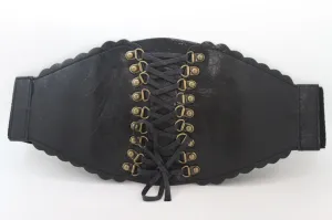 Elastic Faux Leather Wide Corset Belt Slimming Front Tie Gold S M